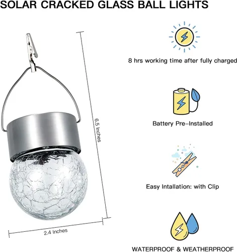 Miniatura 6 de SUNWIND Luces solares colgantes para exteriores, paquete de 8 luces decorativas de jardín de vidrio agrietado, impermeables, para patio, valla