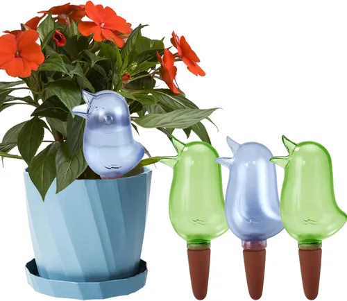 Miniatura 9 de Paquete de 4 picos de riego automático, globos de riego para plantas de interior, picos de riego automático en forma de pájaro, dispositivos de Azul