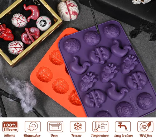 Miniatura 2 de Moldes de Chocolate de Halloween Kamehame, Molde de Silicona en Forma de Cerebro, Molde de Órgano de 15 Cavidades con Forma de Cerebro, Ojo