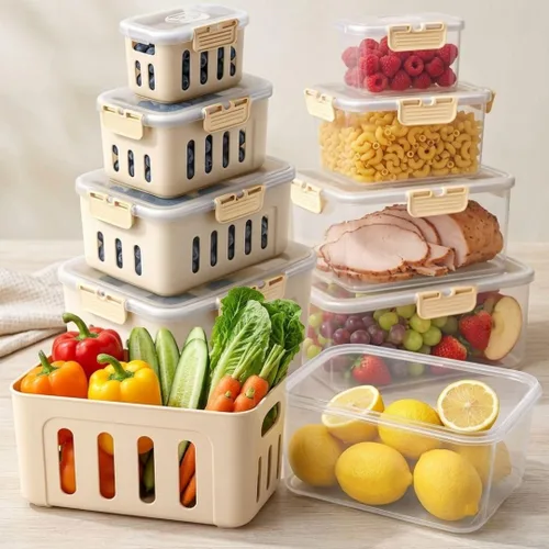 Recipientes de frutas para refrigerador que se mantienen frescos, paquete de 5 recipientes de almacenamiento de productos sin BPA con colador Crema