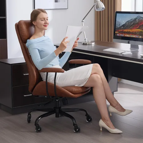 Miniatura 9 de E-Motie Silla de oficina, silla de escritorio de cuero con ruedas de goma, silla ergonómica para computadora de 500 libras con soporte lumbar, silla