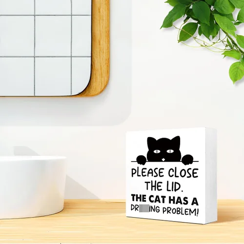 Miniatura 6 de LVQHI Divertidos carteles de madera para baño, decoración de escritorio de baño, decoración de escritorio de baño, cierre la tapa, el gato tiene un