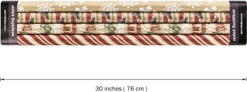 Miniatura 7 de RUSPEPA Papel de regalo, papel kraft – Copos de nieve, coche y árbol de Navidad, rayas y Feliz Navidad – 4 rollos – 30 pulgadas x 10 pies por rollo