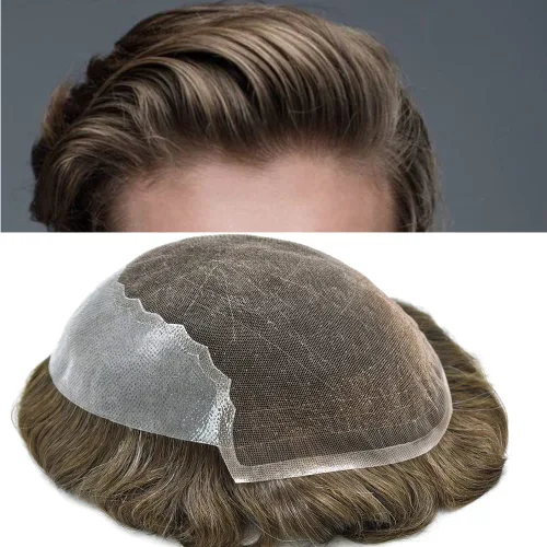 Miniatura 14 de Toupee para hombres, sistema de reemplazo de cabello humano Remy, nudos blanqueados, encaje frontal, piel fina, para hombre, color gris, pelucas