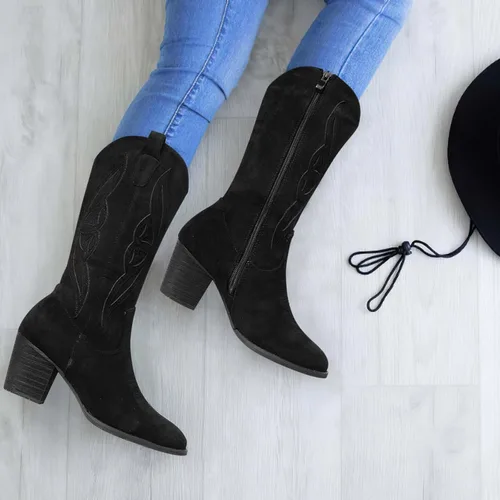 Miniatura 3 de SHIBEVER Botas vaqueras para mujer 2025 botas vaqueras a media pantorrilla con bordado occidental de tacón alto y punta puntiaguda