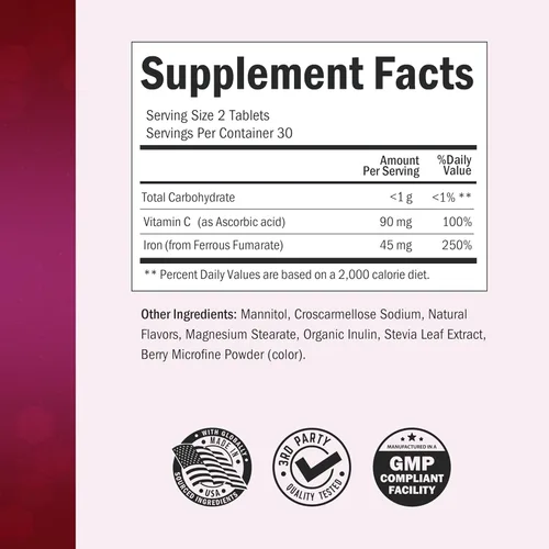 Miniatura 3 de BioSchwartz Vitamina C bariátrica con hierro 45 mg tabletas masticables – 30 porciones, 60 tabletas – Suplemento de hierro bariátrico sin azúcar