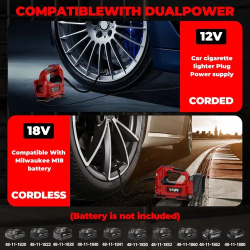 Miniatura 3 de Compresor de aire inalámbrico para inflador de neumáticos para batería Milwaukee M18, bomba de aire portátil de 160 PSI con luz LED y manómetro