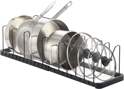 YAMAZAKI Home Tower - Organizador de tapa y sartén ajustable, estante de almacenamiento para cajones de cocina, acero
