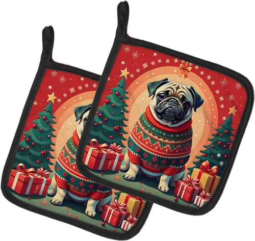 Caroline's Treasures Fawn Pug - Par de soportes para ollas de Navidad, resistentes al calor, juego de ollas para horno, almohadillas calientes para