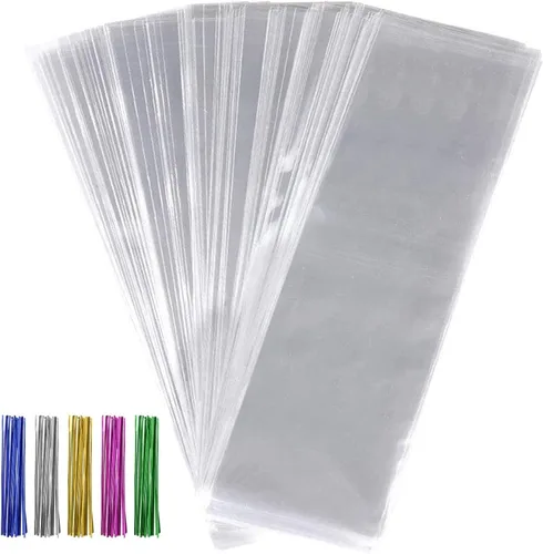 Juego de 600 bolsas de celofán – 300 bolsas largas transparentes para golosinas, 300 lazos giratorios de colores para regalos, recuerdos de fiesta 3
