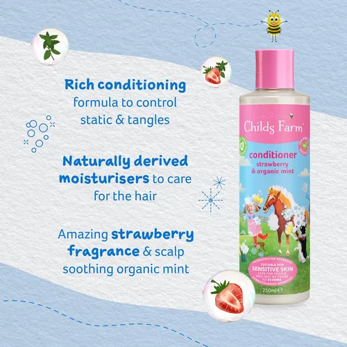 Miniatura 4 de Childs Farm, Acondicionador de cabello infantil para piel seca y sensible y cuero cabelludo, fresa y menta orgánica, acondiciona y nutre, vegano