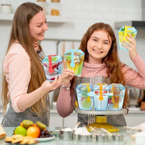 Miniatura 7 de Dandat Paquete de 100 tazas de postre de plástico con purpurina azul de 5 onzas con tapas y cucharas, mini tazas de yogur transparente
