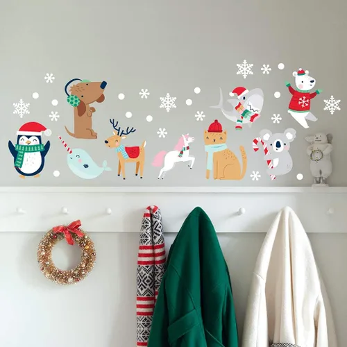 Paper Riot Co. Calcomanías de pared de animales de nieve, lindos personajes, Navidad, vacaciones, adhesivo extraíble para aula, habitación de niños,