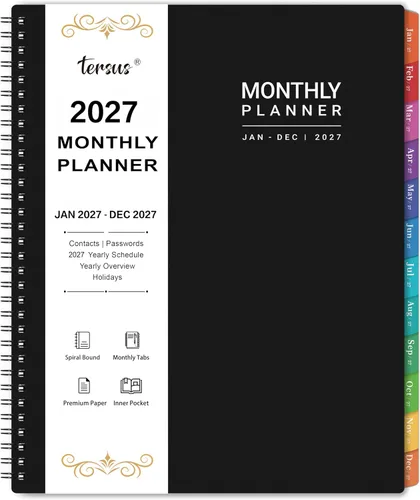 2027 Monthly Planner, Jan 2027 - Dec 2027, 9" x 11", 12-Month Calendar Planner with Inner Pocket and Colorful Monthly Tabs, Ideal for School and Work