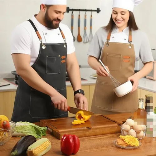Miniatura 3 de Adjustable Canvas Apron with 3 Pockets for Men Women,Cross Back Work Apron,Durable Kitchen Apron for Cooking Caqui
