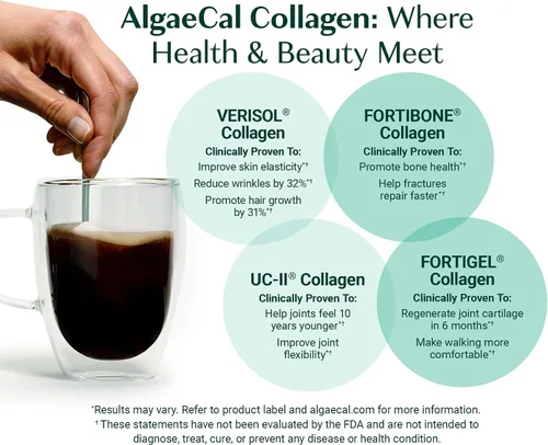 Miniatura 4 de ALGAECAL Colágeno: 4 Péptidos clínicamente respaldados VERISOL®, FORTIGEL®, UC-II®, FORTIBONE®, Polvo de colágeno hidrolizado antienvejecimiento, 30