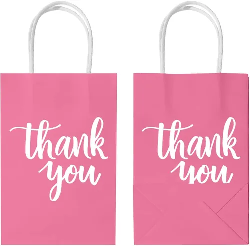 Miniatura 7 de DjinnGlory Paquete de 50 pequeñas bolsas de regalo de papel rosa con asas de 9 x 5.5 x 3.15 pulgadas y 50 papel de seda rosa para recuerdos