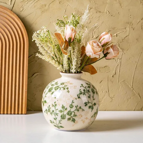 Miniatura 23 de Jarrón de cerámica verde y blanco con asa, florero rústico para decoración de hogar estilo “chinoiserie”, “grandmillenial” y toscano, jarrón