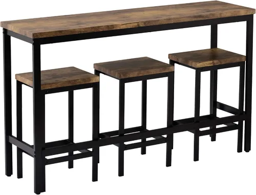 Miniatura 4 de Juego de mesa de comedor de 4 piezas de altura de mostrador, juego de mesa de comedor extra larga con 3 taburetes, panel de madera y marco de metal
