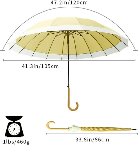Miniatura 3 de Dlin Paraguas palo para mujer, resistente al viento, varillas de 16 quilates, elegante paraguas grande abierto automático con mango de gancho