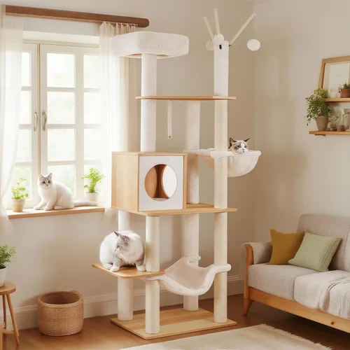 Miniatura 11 de Hey-brother Árbol de madera para gatos, muebles para gatos de 66.1 pulgadas con postes rascadores, torre moderna para gatos con hamacas, juguetes