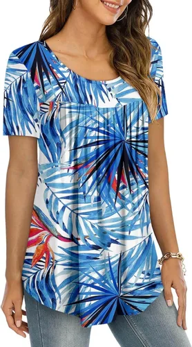 Miniatura 3 de ONLYSHE Blusa de manga corta para mujer, cuello en U, holgada, con volantes, plisada, túnica para leggings