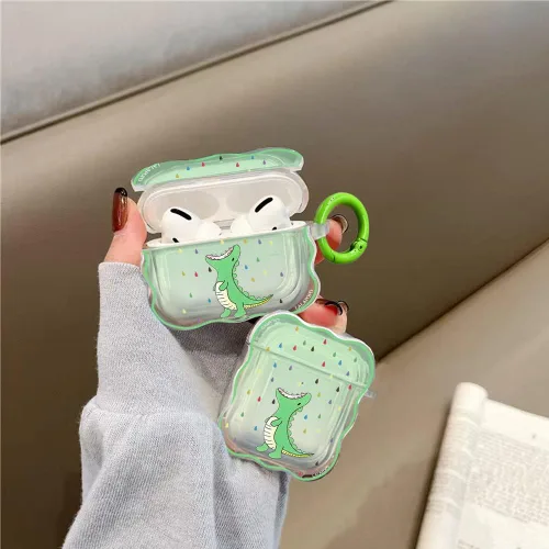 Miniatura 4 de Funda compatible con Airpods de dinosaurio, bonita funda con llavero para mujeres y niñas, funda protectora de dibujos animados Kawaii de silicona