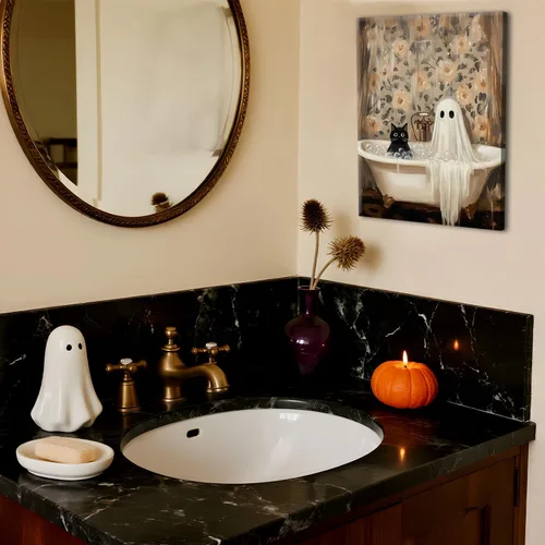 Miniatura 5 de Obras de arte en lienzo de fantasmas de Halloween para baño, decoración de pared con fantasmas de terror y lindo gato negro en la bañera, pinturas