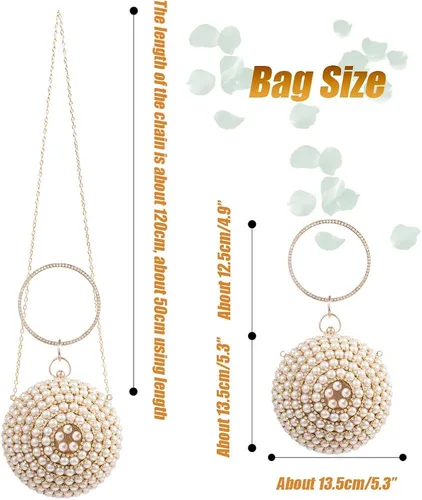 Miniatura 7 de Bolso redondo de la bola del embrague de la mujer deslumbrante completo Rhinestone borlas anillo de la manija del bolso de las perlas de la noche