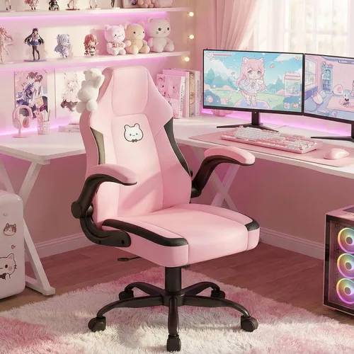 Miniatura 2 de Silla de juegos rosa, silla ergonómica de escritorio de oficina con soporte lumbar, silla de computadora con reposabrazos abatibles, cómoda silla