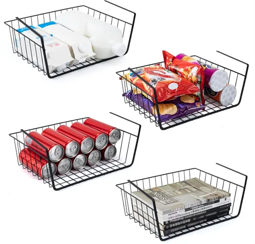 Cesta de almacenamiento debajo del estante, cesta de alambre para el hogar, cesta de almacenamiento colgante de metal debajo del estante, cesta de 4
