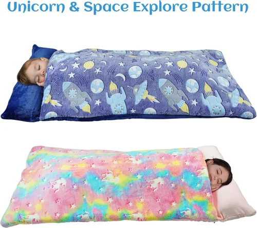 Miniatura 3 de Saco de dormir para niños que brilla en la oscuridad, para niñas y niños, tapete para siesta de 62 x 28 pulgadas, suave y cómodo para fiestas