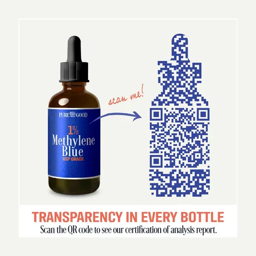 Miniatura 5 de PureGood Azul de metileno 1% Líquido – 10 mg por 1 mL Porción – 4.1 fl oz (4 fl oz) – Alrededor de 120 porciones – Probado por terceros – Botella