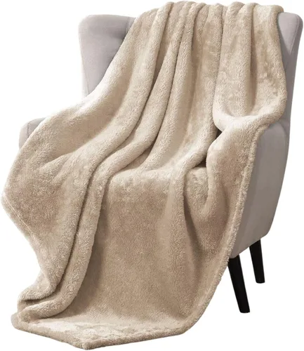 Miniatura 4 de Manta suave de piel sintética, cálida y gruesa, mullida, de felpa peluda de lujo, manta decorativa y acogedora para sofá, cama, silla (beige)