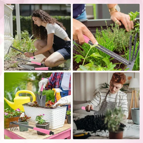 Miniatura 7 de WORKPRO Juego de herramientas de jardín rosa de 6 piezas, herramientas manuales de jardinería resistentes con mango de goma suave, incluyendo