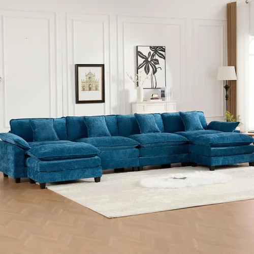 Miniatura 114 de Sofá seccional modular beige de 117.3", sofás seccionales grandes de 3 plazas para sala de estar, sofá nube oversized de tela chenille con otomana