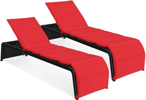 COSTWAY 2 PCS Patio Ratán Sillón Sillón Reclinable Respaldo Ajustable Acolchado Rojo