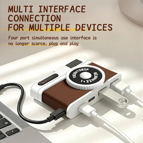 Miniatura 5 de Hub USB C, concentrador USB de 4 puertos con 2 puertos USB-A 2.0 y 2 puertos USB-C, adaptador USB compacto estilo cámara vintage para laptop