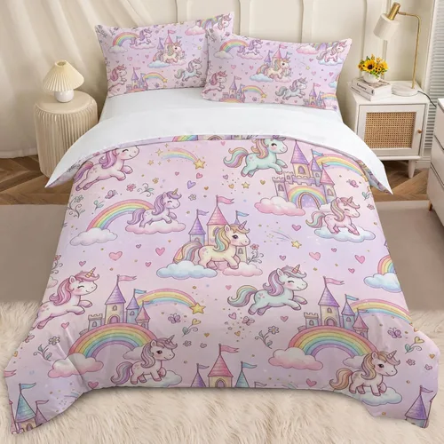 Miniatura 14 de BEDMUST Funda de edredón de unicornio tamaño individual, suave y lindo juego de ropa de cama de unicornio rosa con hojas de flores y pájaros azules
