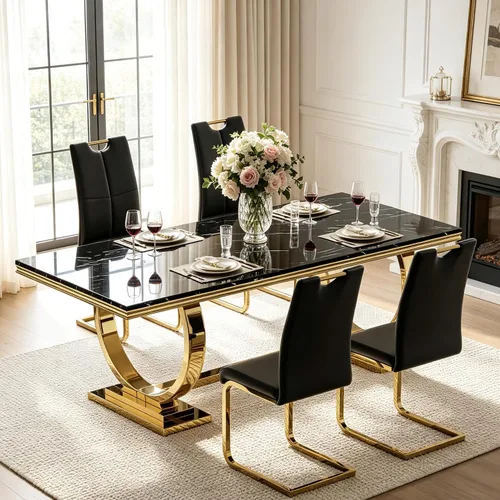 Miniatura 27 de Juego de mesa de comedor de mármol para 4, mesa de cocina rectangular de mármol blanco de 70 pulgadas con base en O de acero inoxidable dorado
