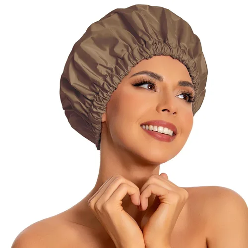 Miniatura 43 de Gorro de ducha reutilizable para mujer, grande, impermeable, lavable, banda elástica, accesorios de baño, sombrero para cabello largo, trenzas Beige