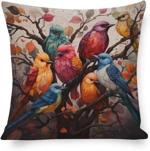 Fundas de almohada coloridas con diseño de grupo de pájaros en un árbol, fundas de almohada frescas con pintura al óleo de pájaros en rama de árbol,
