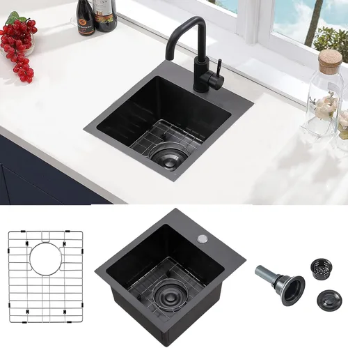 Fregadero de barra negro gunmetal de 13x15 pulgadas, fregadero de cocina pequeño de montaje superior para RV, fregadero de barra húmeda hecho a mano
