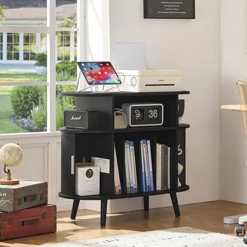 Miniatura 8 de LELELINKY - Soporte grande redondo para tocadiscos con estación de carga y estante de exhibición acanalado, gabinete para tocadiscos color negro