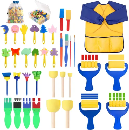 Miniatura 13 de 30 piezas de pintura de esponja de forma, pinceles de esponja para pintura acrílica, esponjas de manualidades con mango de madera para bricolaje