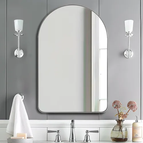 ANDY STAR - Espejo cromado, espejo de arco de 22 x 35 pulgadas en marco de metal de acero inoxidable, espejo de baño cromado con arco, espejo de