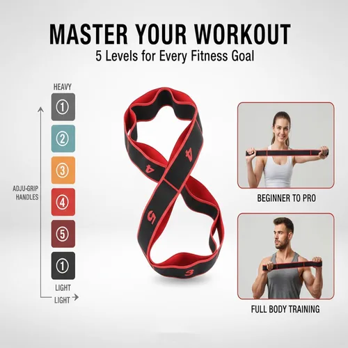 Miniatura 6 de Bandas de resistencia de fitness con asas, banda de resistencia para ejercicios de estiramiento y yoga, bandas ajustables para estiramiento de Rojo