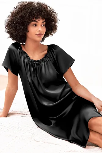 Miniatura 2 de Ekouaer Camisón plisado de seda satinada para mujer, ropa de dormir suelta, camisón estampado de manga corta