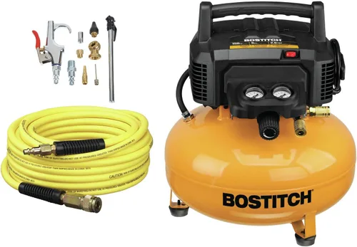 Bostitch Compresor de aire para panqueques de 6 galones y kit de accesorios de 13 piezas: manguera de aire, pistola de soplado y adaptador,