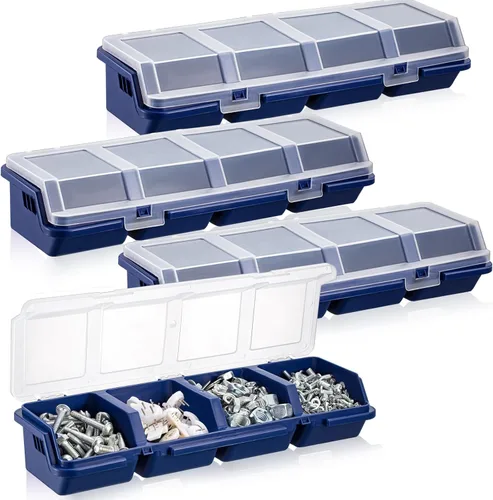 Hushee Caja organizadora de tornillos de 4 piezas con tapa, 4 compartimentos, organizador de piezas pequeñas, de plástico, apilable, tuercas y Azul